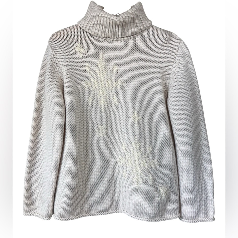 TCM Turtleneck Sweater Womens L Cable Knit Merino Wool Cream Snowflake